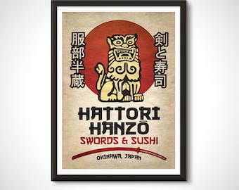 Kill Bill Movie Poster Hattori Hanzo Swords and Sushi Print - Home Decor Retro Ad Wall Art Gift