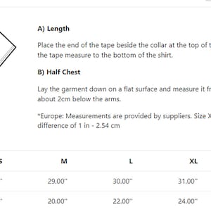 May include: White t-shirt with a diagram illustrating length and half chest measurements. The diagram shows how to measure the shirt. Measurements are provided in inches for sizes S through 3XL.