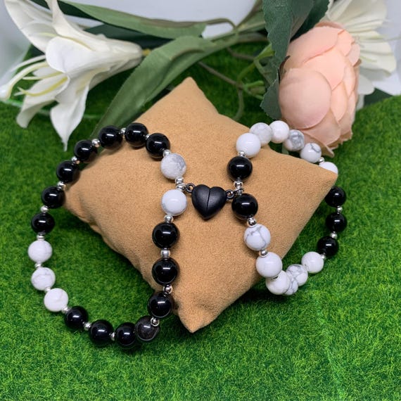 Magnetic Heart Couple Bracelet Set With Howlite and Obsidian