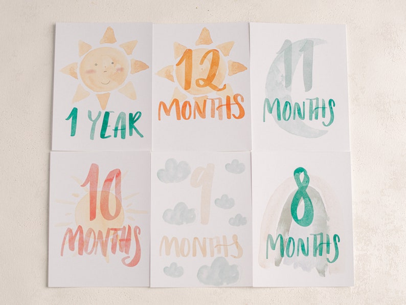 Baby Milestone DIY Printable Cards Set Watercolor Rainbows Sun Clouds image 4
