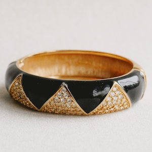 Vintage DS & Co Schwarz Emaille Strass Armreif Armband-Gold Ton Klapp Manschette-1980er Jahre Geometric Glam