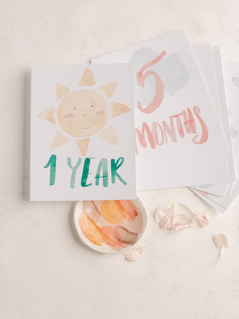 Baby Milestone DIY Printable Cards Set Watercolor Rainbows Sun Clouds image 6