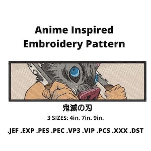 Puede incluir: Patrón de bordado para un personaje del anime "Demon Slayer: Kimetsu no Yaiba". El patrón presenta un primer plano de la cara del personaje con una espada en cada mano. El texto "鬼滅の刃" está escrito en japonés debajo de la imagen. El patrón está disponible en tres tamaños: 10 cm, 18 cm y 23 cm. Los formatos de archivo disponibles son JEF, EXP, PES, PEC, VP3, VIP, PCS, XXX y DST.