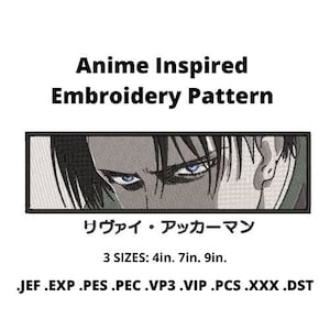 May include: A black and white embroidery pattern of a character from the anime Attack on Titan. The character has blue eyes and is looking to the right. The text "リヴァイ・アッカーマン" is written in Japanese below the image. The text "3 SIZES: 4in. 7in. 9in." is written below the Japanese text. The text "JEF.EXP.PES.PEC.VP3.VIP.PCS.XXX.DST" is written below the sizes.