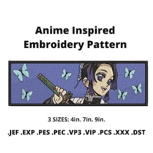 May include: Anime inspired embroidery pattern featuring a character with purple hair holding a sword. The background is blue with butterflies. The pattern is available in 3 sizes: 4 inches, 7 inches, and 9 inches. File formats include: JEF, EXP, PES, PEC, VP3, VIP, PCS, XXX, DST.