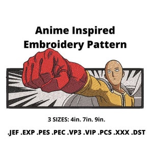 以下が含まれることがあります： アニメからインスピレーションを得た刺繍パターン。黄色と黒の服を着たキャラクターが赤い拳で前に突き出しています。パターンは3つのサイズで利用できます: 10 cm、18 cm、23 cm。含まれるファイル形式は次のとおりです: JEF、EXP、PES、PEC、VP3、VIP、PCS、XXX、DST。
