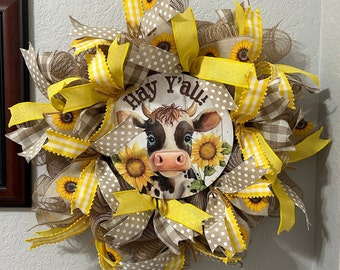 Farmhouse Cow Sunflower Wreath – Rustic Country Door Decor