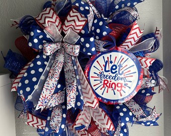 Let Feedom Ring Wreath, Patriotic Wreath, Patriotic Decor, 4th of July Wreath, Red, White and Blue Wreath, Fireworks Wreath, Fireworks Decor