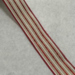 Christmas Wired Ribbon: 1.5&quot; Tan with Red Glitter Stripes