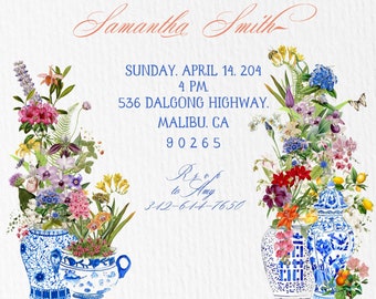 Blue and white jars with orchids and butterflies. Brunch Menu, Wedding party, Bridal Bruch, Baby shower.
