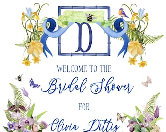 Bridal Shower Sign- Welcome to the Bridal Shower Topiary -garden-floral-blue and white- Mediterranean Amalfi Coast Destination Wedding Inspo