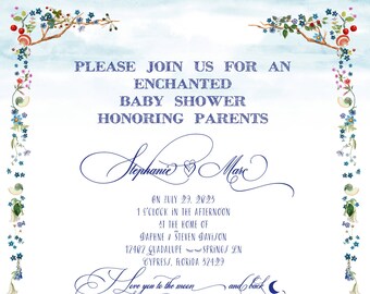 Baby Shower Invitations | Blue Floral Fairies: I Love You to the Moon and Back | Editable Digital Download