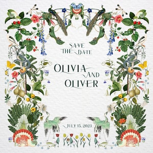 Könnte beinhalten: Eine dekorative Hochzeitseinladung mit floralem und fauna-Design. Der Text "Save the Date" steht über den Namen "Olivia and Oliver" und dem Datum "15. Juli 2023". Das Design umfasst Pfauen, Schmetterlinge und verschiedene Blumen.