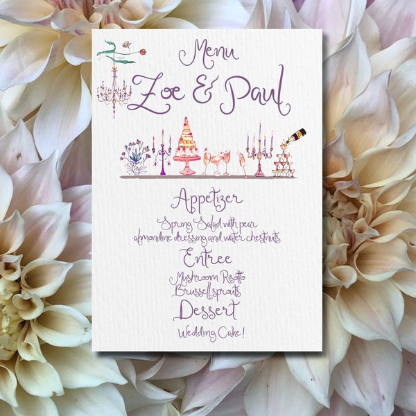 Blank Invitations | Hand-Drawn Menu Evite Template for Dinner Party with Cake, Candelabras, & Champagne | Editable Digital Download