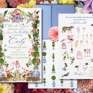 Champagne Brunch I Garden wedding I Bridal Shower I Veuve I Disco Ball I Floral topiary I Chinoiserie Blue and white I Canva DIY editable