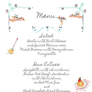 Ręcznie rysowany szablon menu na przyjęcie weselne, zabawny natychmiastowy do pobrania Evite, szykowne, dostosowywalne zaproszenie na specjalną okazję, grafika cyfrowa