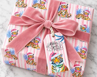 Carta da regalo con stampa tigrata, stile preppy chinoiserie rosa con motivi floreali, stampa botanica tropicale