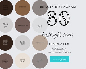 May include: A digital product featuring 30 Instagram highlight covers with a beauty theme. The design includes various neutral-toned circles with text such as "About Me," "Reviews," and "Book Now." The words "Beauty Instagram" and "Highlight Covers" are also displayed.