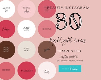 May include: A digital design featuring 30 Instagram highlight covers in a pink and brown color scheme. The design includes text such as "About Me", "Reviews", and "Book Now". The words "Beauty Instagram" and "highlight covers" are also visible.