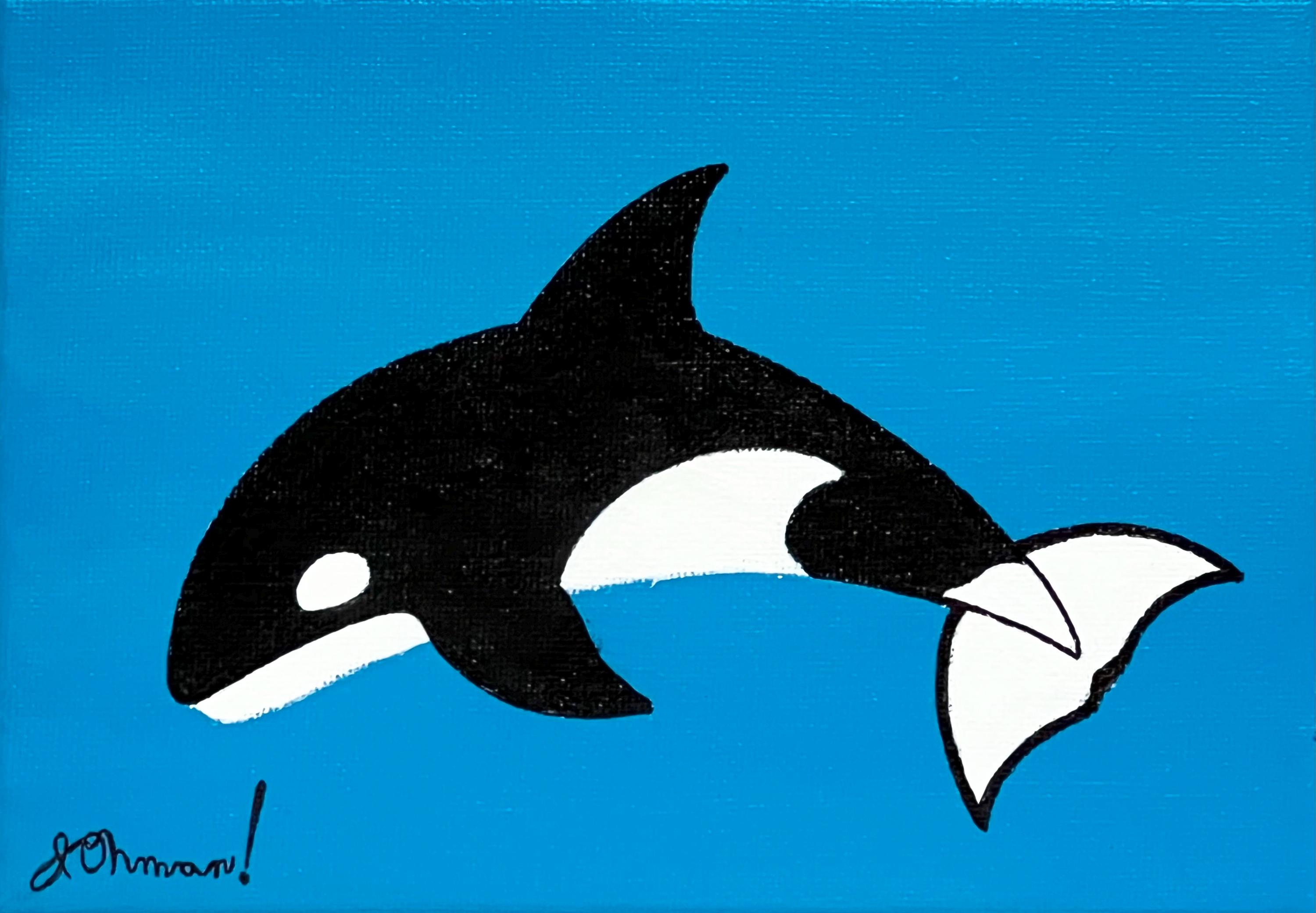 シャチの絵：アクリル動物画キャンバス、ターコイズブルーの背景