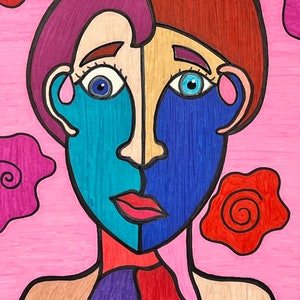 Puede incluir: Un retrato abstracto colorido de una persona con un fondo rosa, azul y rojo. La cara de la persona está dividida en dos, un lado azul y el otro lado turquesa. La persona tiene el pelo castaño y una camisa con estampado rojo, morado y rosa.