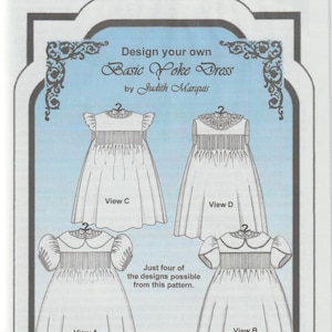 May include: A sewing pattern for a basic yoke dress with four different views. The pattern includes instructions for making a tulip hat. Sizes 11 lbs, 14 lbs, 20 lbs, 26 lbs.