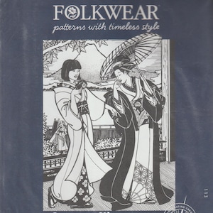 May include: A black and white illustration of two women wearing traditional Japanese kimonos. The image is from a sewing pattern book titled "Folkwear: patterns with timeless style" and the pattern number is 113. The caption reads "Japanese Kimono".