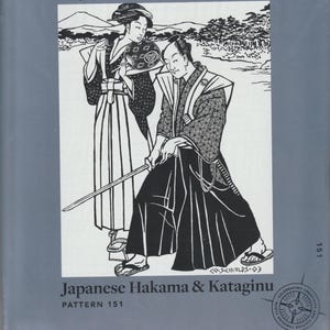 May include: Black and white illustration of two people wearing traditional Japanese clothing. The woman is wearing a long robe and the man is wearing a long robe and pants. The man is holding a sword. The illustration is on a gray background with the text "Japanese Hakama & Kataginu" and "PATTERN 151".