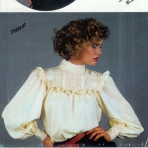 May include: Two women modeling white and light blue blouses with a round yoke. The text "Ladies' Round Yoke Blouse" is printed on the image.