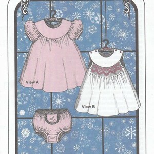 May include: A sewing pattern for a baby dress with two different views. View A is a pink dress with puffed sleeves. View B is a white dress with a scalloped collar and embroidered trim. The pattern is called "Infant Snowdrift" by Judith Marquis. The pattern is available in sizes 11lb, 14lb, 20lb, and 26lb.