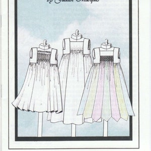 May include: A sewing pattern for a dress called "Zephyr" by Judith Marquis. The pattern shows three different styles of dresses, one white, one white with a lace trim, and one with a rainbow-colored skirt.