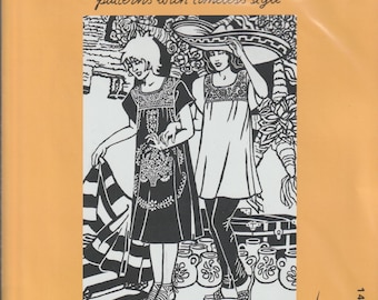 Pode incluir: Um envelope de molde Folkwear para o vestido Old Mexico, número 142. A embalagem laranja apresenta uma ilustração a preto e branco de duas figuras com vestidos bordados, com texto incluindo a marca e o título do molde.