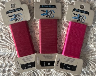Cinta de seda teñida a mano de 4 mm - Tonos de rojo/rosa - Rojo persa, rojo rosa y fucsia