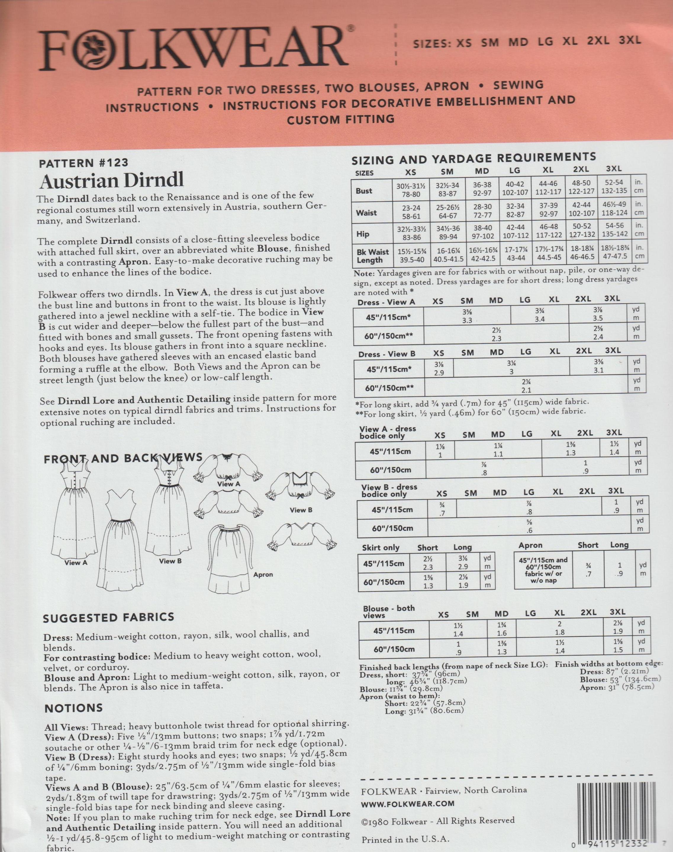 Austrian Dirndl - Women's Sewing Pattern by Folkwear - Etsy