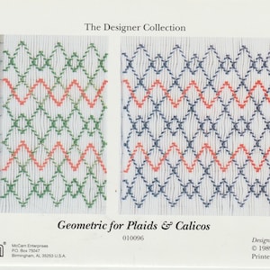 May include: A printed instruction sheet for a geometric embroidery pattern for plaids and calicos. The pattern features a repeating diamond shape with a zig-zag design in green, blue, and orange thread. The sheet includes the title "Geometric for Plaids & Calicos", the designer's name "CRM", and the copyright information "1989 Ellen McCarn".