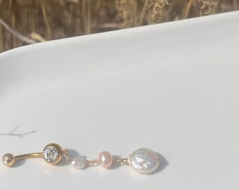 Pearl Shell Belly Ring, Gold or Silver, 14g Surgical Steel, Pearl Drop Belly Button Piercing