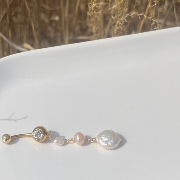 Pearl Shell Belly Ring, Gold or Silver, 14g Surgical Steel, Pearl Drop Belly Button Piercing
