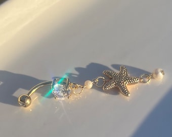 Pearl Starfish Belly Ring, Gold, 14g Surgical Steel, Pearl Belly Button Piercing