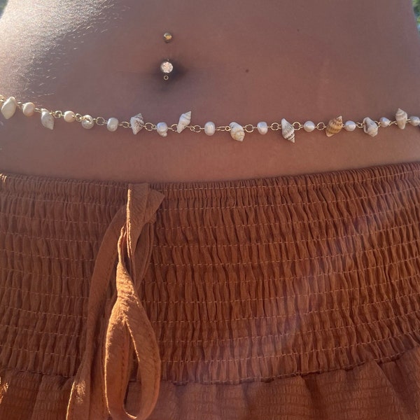 Seashells and Pearls Waist Chain, Gold or Silver Belly Jewelry