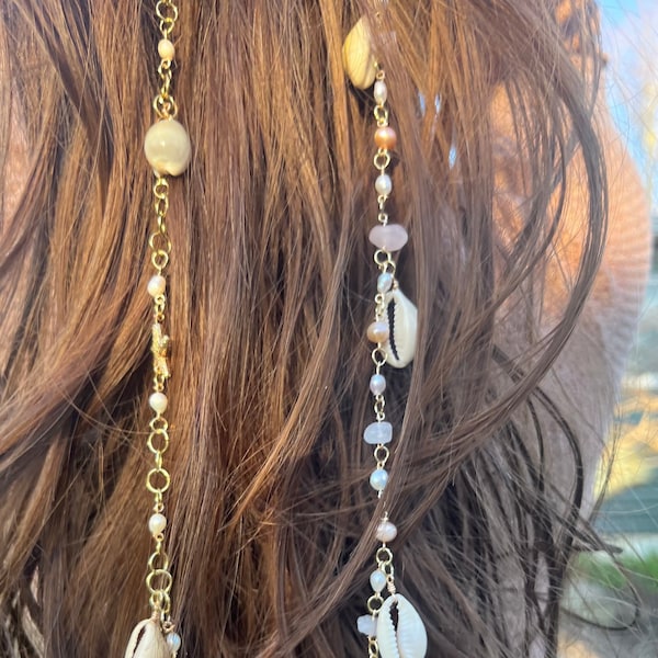Pearl Crystal Shell Hair Chain, Hippie Hair Charms, Mermaid Hair Accessories, Gold or Silver, Hair Jewelry