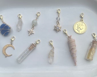 Sun and Moon Crystal Hair Charms, Set of 5, Wire Wrapped Crystals, Hippie Hair Accessories, Clear Quartz, Sodalite, Citrine, Opal