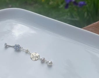 Internally Threaded Pearl Belly Ring, Sanddollar Charm, Mermaid Inspired Dangly Belly Button Ring, 14g Titanium Body Jewelry