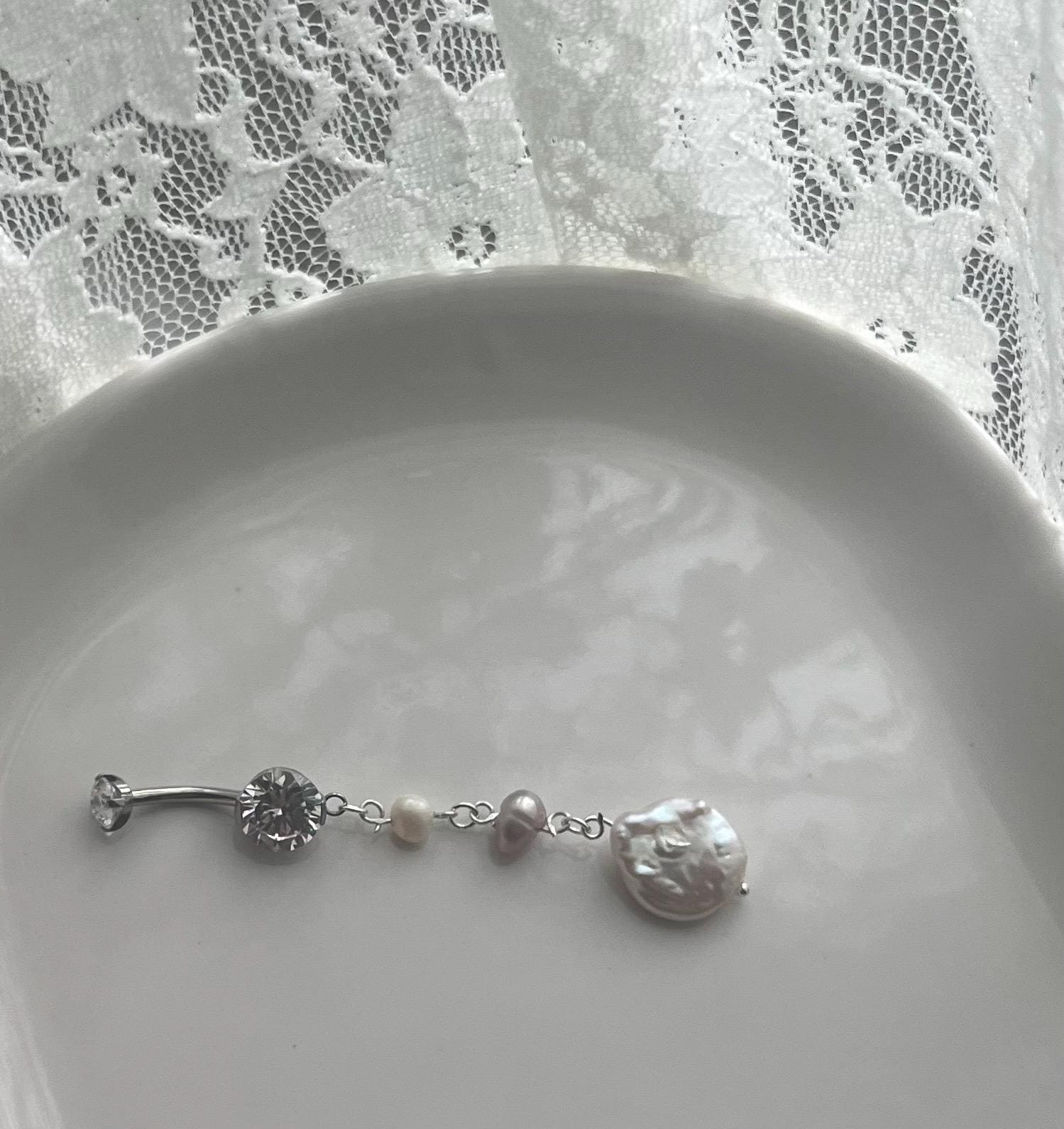 Internally Threaded Pearl Belly Ring, Mermaid Inspired Dangly Belly Button Ring, 14g Titanium Body Jewelry