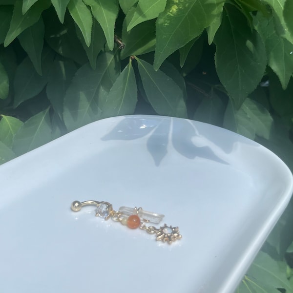 Crystal Belly Ring, Hippie Belly Button Rings, Sun Belly Button Ring, Carnelian + Agate + Clear Quartz