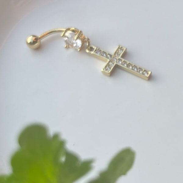 14k Gold Plated Cross Belly Ring