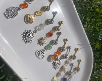 Crystal Belly Rings, Hippie Belly Button Rings, GOLD, Choose Your Crystal + Charm