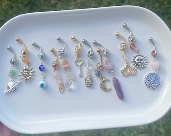 Custom Crystal Belly Rings, Hippie Belly Button Rings, SILVER OR GOLD, Choose Your Crystal and Charm