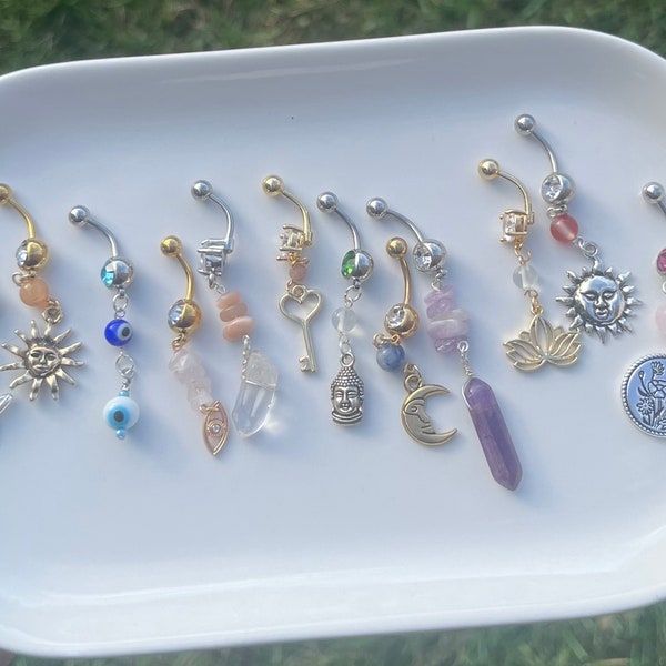 Custom Crystal Belly Rings, Hippie Belly Button Rings, SILVER OR GOLD, Choose Your Crystal and Charm