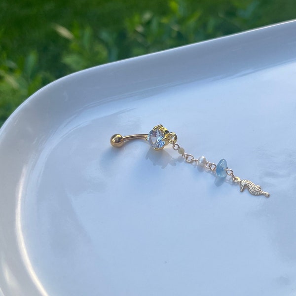 Seahorse Pearl Belly Ring, Unique, Dainty, Dangly, Crystal Pearl Belly Button Rings, Mermaid Inspired, 14g Surgical Steel