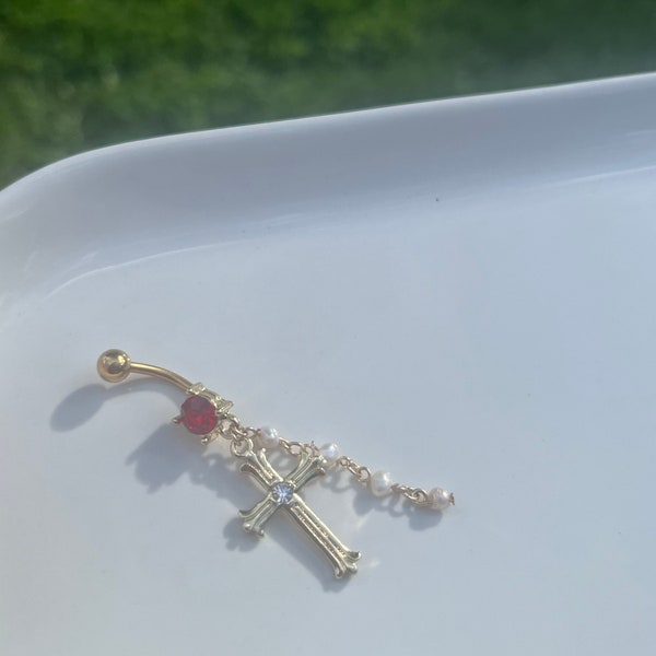 Cross Navel Barbell Bar Ring Body Waist Belly Chain Flower Pendant